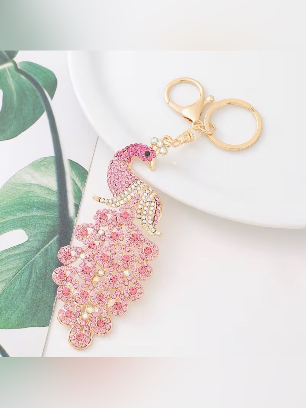 Peacock Bag Charm Keychain with Key Ring for Purse Handbag Pink